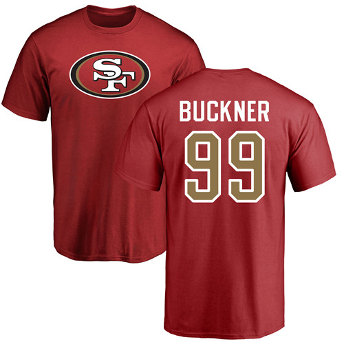 Men San Francisco 49ers Red DeForest Buckner Name and Number Logo #99 NFL T Shirt->san francisco 49ers->NFL Jersey